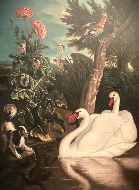 a painting of swans and a dog