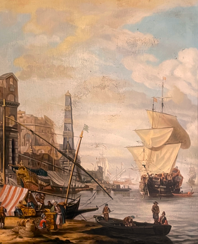 a painting of a city with boats and people